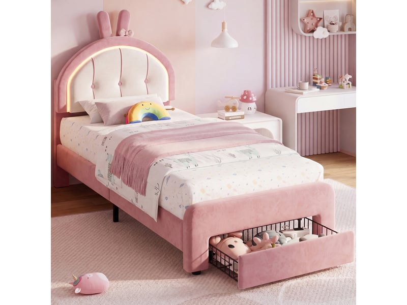  Lit simple, 90 x 200 cm, avec une tête de lit à motif lapin et lumière led, velours, rose  - Conforama E