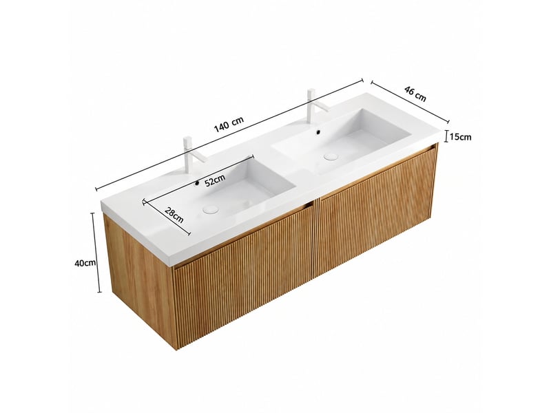  Meuble double vasque suspendu 140 cm avec 2 vasques blanches, finition bois naturel  - Conforama C