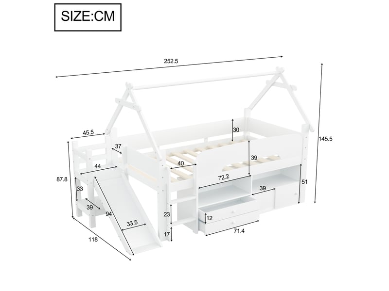  Lit enfant mezzanine rangement 90x200 bois massif toboggan toit maison homvra  - Conforama E