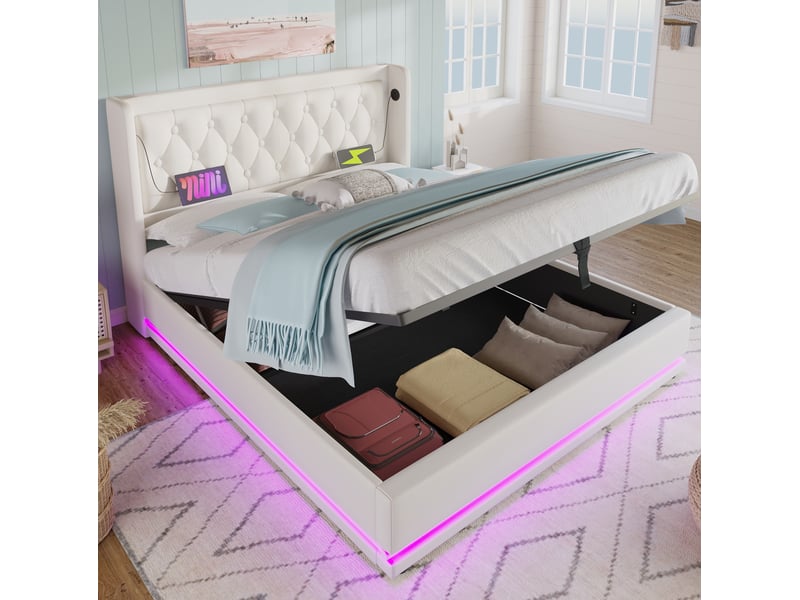  Lit coffre 180 × 200 cm 2 places avec led réglable, usb et type-c, tête de lit rembourrée, sans matelas, en pu blanc  - Conforama B