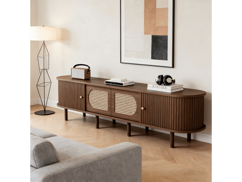  Meuble tv 180x40x40 cm en noyer foncé, 2 portes battantes, rotin, 2 portes coulissantes, meuble bas, mdf, meuble tele  - Conforama D