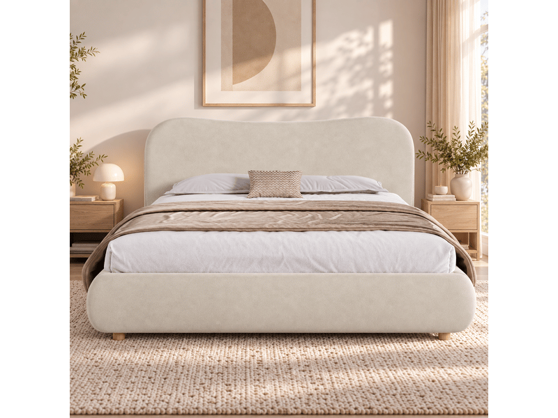  Lit coffre， lit rembourré 180x200 cm beige en velours tête de lit  - Conforama D