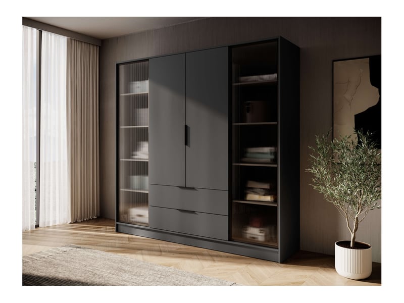Armoire mirage 4 portes vitrées et 2 tiroirs avec penderie en bois et verre- gris MIRAGE - Conforama B