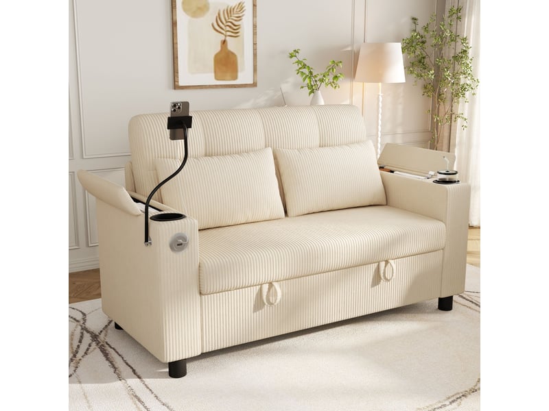 Canapé 2 places 136 cm avec rangement intégré-usb et type-c-porte-gobelets et support téléphone-en velours côtelé-beige - Conforama B
