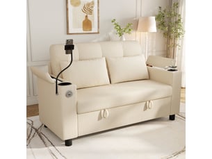 Canapé 2 places 136 cm avec rangement intégré-usb et type-c-porte-gobelets et support téléphone-en velours côtelé-beige