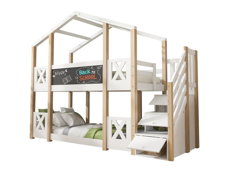  Lit superposé cabane 90 x 200 cm avec escalier et rangement, protection anti-chute, 2 sommiers, blanc et naturel  - Conforama A