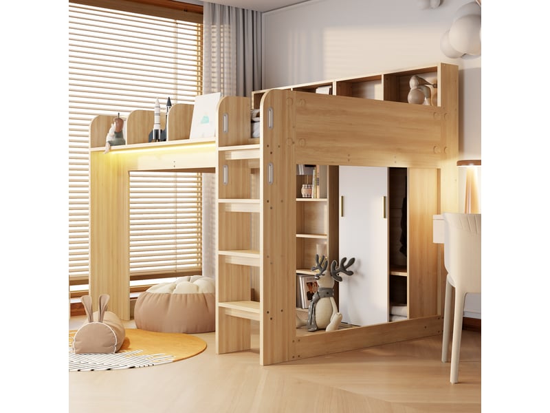  Lit mezzanine 140x200 cm avec armoire, placards, rangements intégrés, éclairage led et sommier à lattes, aspect bois - bois naturel  - Conforama D