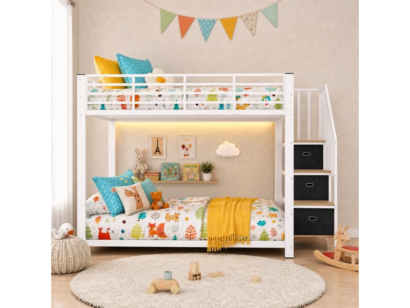  Lit superposé 2x140x200 cm en métal, avec escalier de rangements, ports usb et prise ronde, éclairage led, blanc  - Conforama B