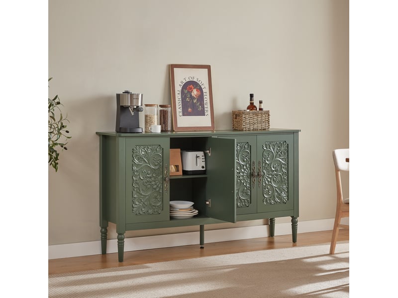  Buffet de rangement avec portes sculptées rétro, poignées métalliques et bords arrondis, pour salon, vert, 160 × 40 × 89 cm  - Conforama C