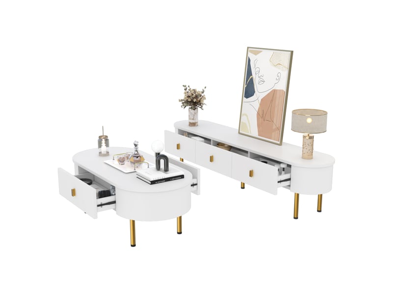  Ensemble meuble tv 180 cm avec table basse, bois blanc et chêne clair, rangements intégrés  - Conforama E
