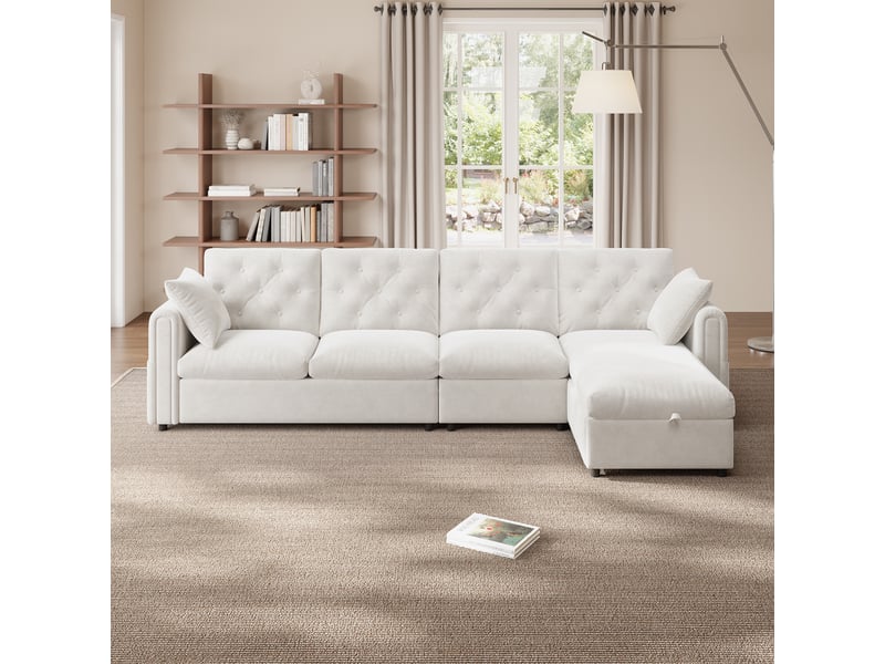  Canapé d'angle l lora beige avec rangement d'angle réversible, poche magazine et dossier capitonné  - Conforama B