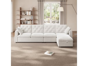 Canapé d'angle l lora beige avec rangement d'angle réversible, poche magazine et dossier capitonné