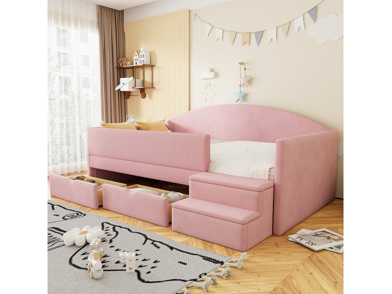  Lit 90x190 rembourré avec 2 tiroirs et marches, rose evryae  - Conforama B