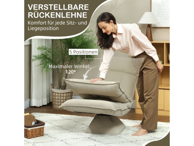  Fauteuil de sol pivotant 360° beige, dossier réglable 5 positions, pliable et rembourré  - Conforama E
