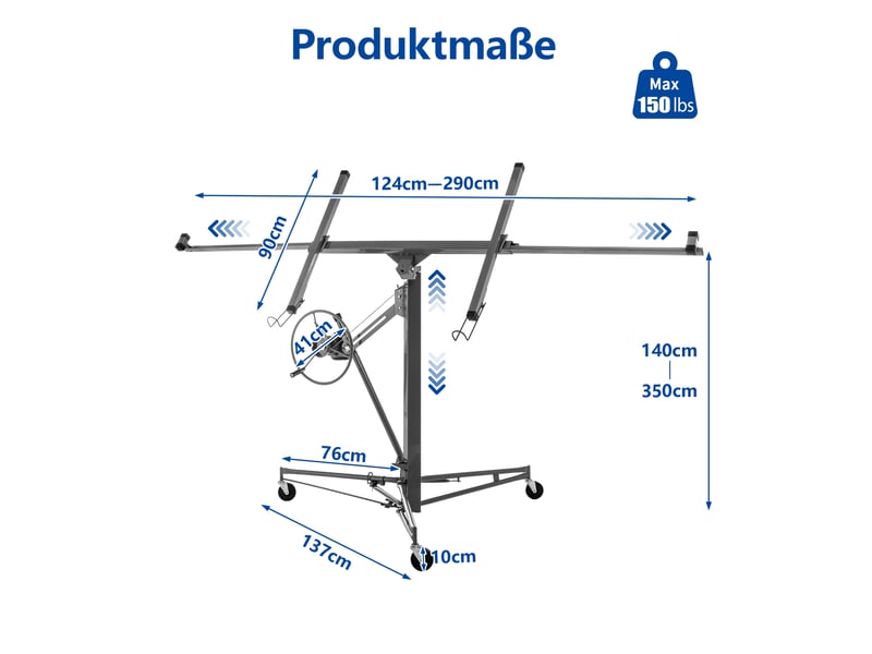  Lève-plaques de plâtre 68 kg, acier gris, hauteur réglable 140 à 350 cm, pour murs et plafonds, pliable  - Conforama C