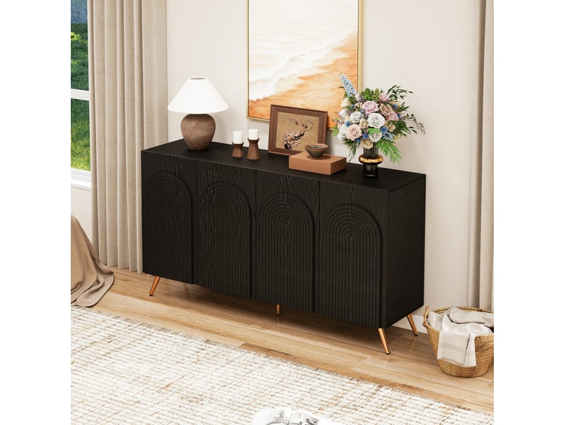  Buffet bas 150 x 38 x 83 cm avec 4 portes à rainures 3d et étagères réglables, noir, pieds en métal doré  - Conforama D