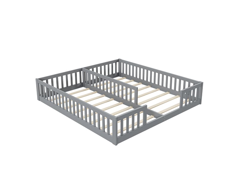  Lit enfant 90x200 au sol avec barrière de sécurité, lit en bois de pin gris pour deux enfants, sommier inclus, 204x187x40 cm  - Conforama A