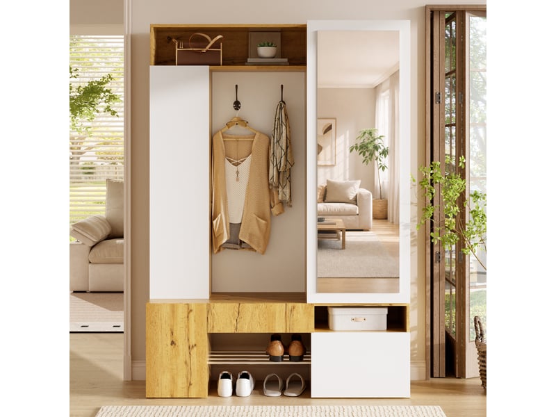  Vestiaire d'entrée 127x35x180,5 cm, miroir, penderie avec tringle et patères, meuble à chaussures, mdf, blanc et naturel OMNIGLINT TRADING LTD - Conforama B