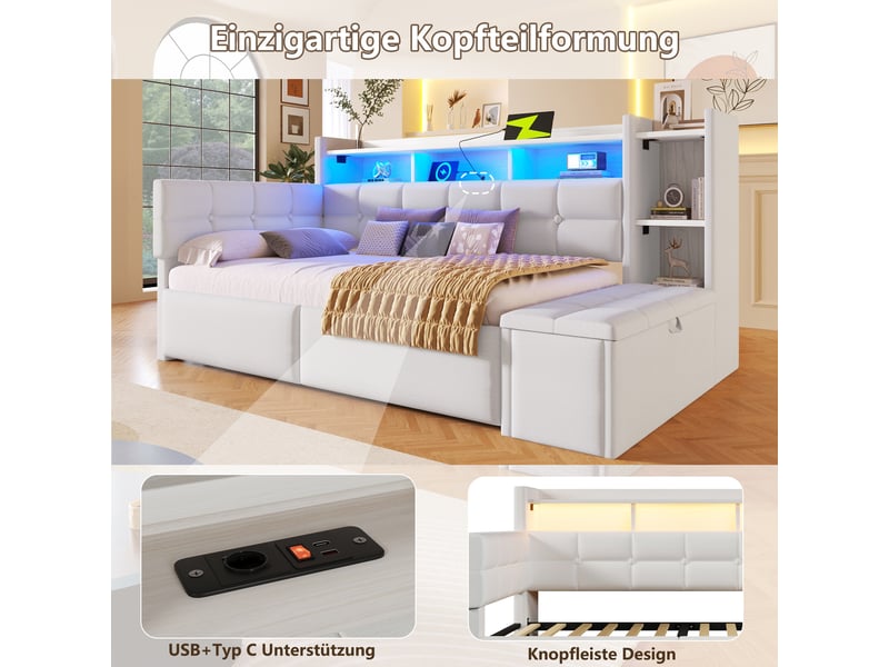 Canapé-lit 90x190 cm avec deux tiroirs, lit simple avec bande lumineuse led et port usb, blanc, lit simple en velours - Conforama D