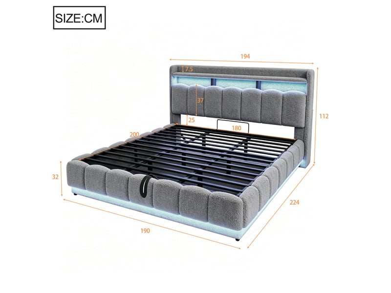  Lit coffre 180 × 200 cm 2 places avec led, usb et rangement hydraulique, sans matelas, en tissu gris  - Conforama D