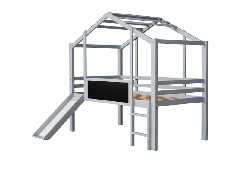 Lit cabane mi-hauteur 90x200 cm, lit enfant avec toboggan de sécurité, planche à dessin, sans matelas, gris - Conforama E