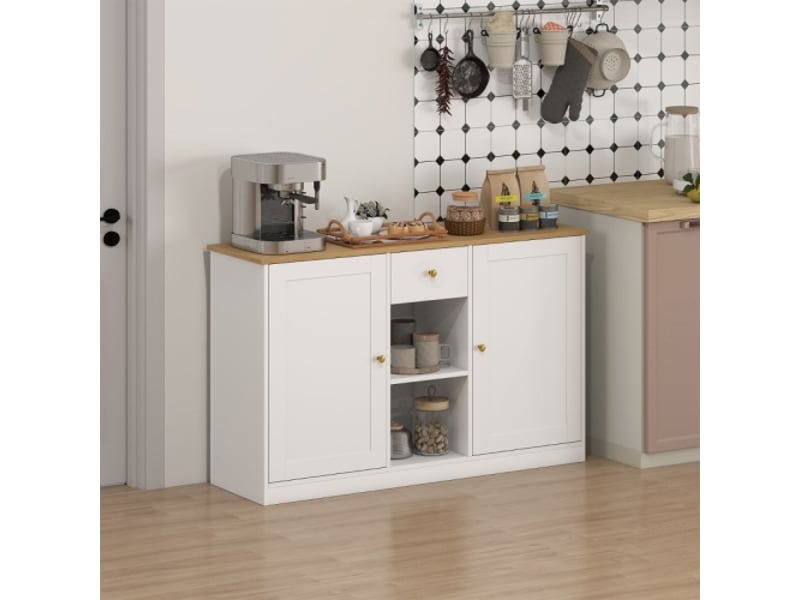  Buffet bas blanc avec tiroir et 2 portes – 2 étagères ouvertes, meuble saloncuisine 120x35x75,2 cm  - Conforama E