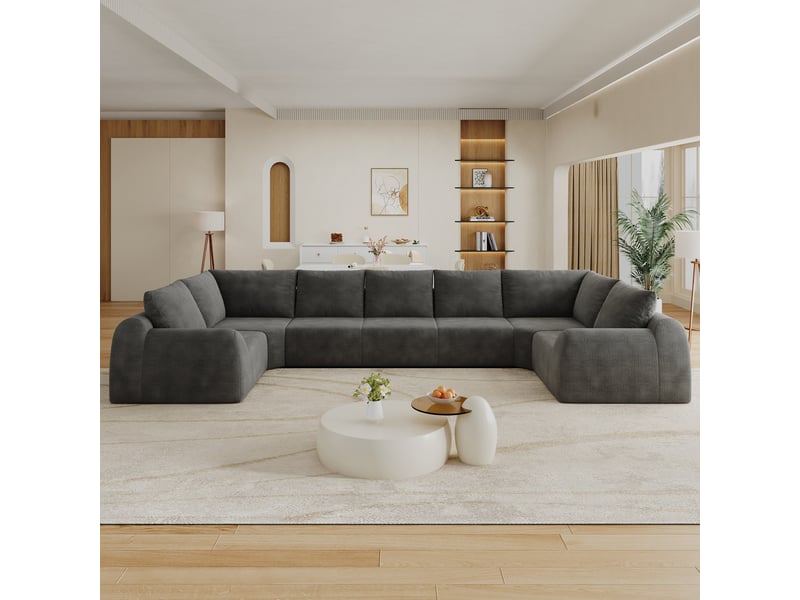 Canapé d’angle 7 places en forme u, canapé à compression de mousse, sans montage, chenille, gris foncé, 411x200x85 cm - Conforama B
