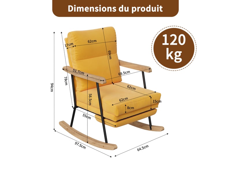  Fauteuil à bascule - 97,5x64,5x94cm - chaise basculant  en coton-lin avec repose-pieds coulissant &amp; armature métal - orange  - Conforama E