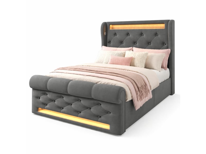  Lit coffre lit simple en velours gris avec rangement hydraulique, led, usb et type-c, 200x90 cm, matelas inclus  - Conforama A
