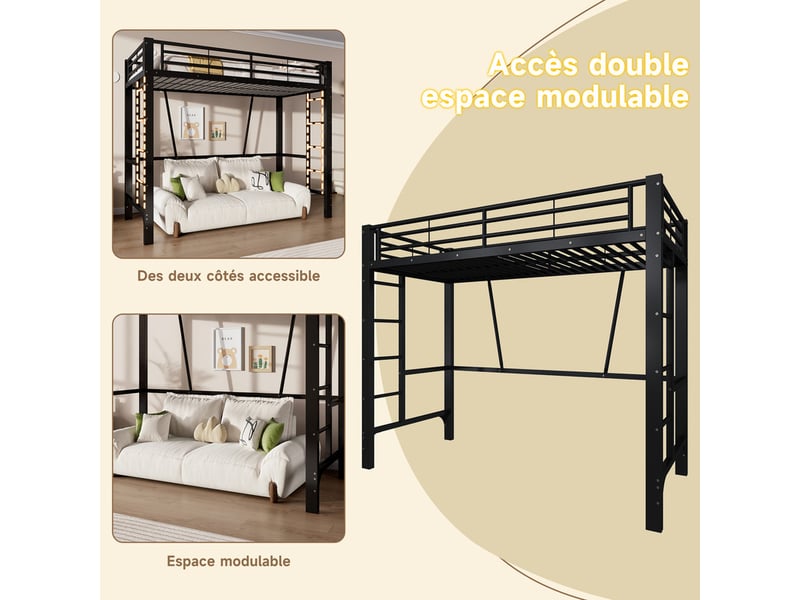  Lit mezzanine 90 x 200cm, structure de lit en métal, double échelle, espace ouvert sous le lit, noir  - Conforama D