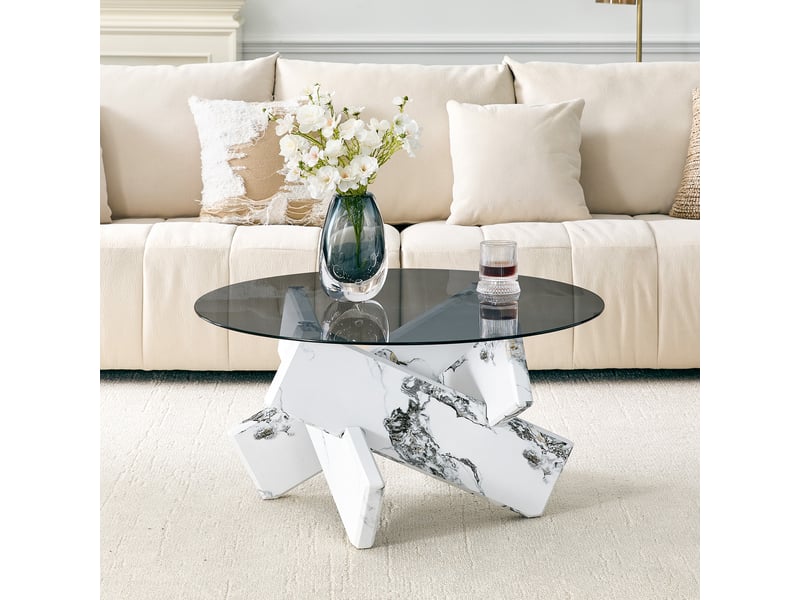  Table basse ronde avec plateau en verre trempé - lpospi - piètement sculptural en mdf blanc, ø 79 × 45 cm  - Conforama B