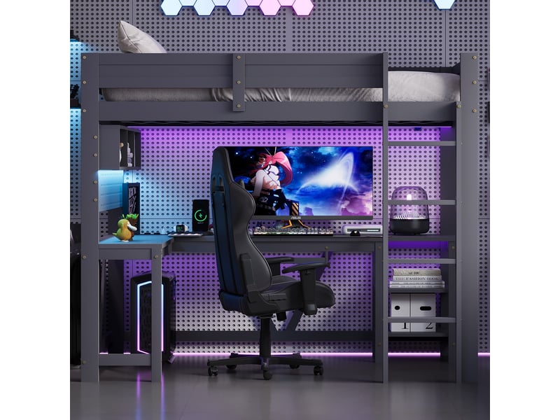 Lit mezzanine gaming 90x200 cm gris, avec bureau, rangements, led 7 couleurs, 2 prises, 2 usb, sommier inclus, sans matelas - Conforama R