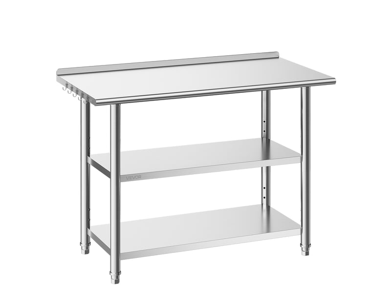  Vevor table de travail cuisine professionnelle, table centrale inox 121,9x61x86,4 cm, pour preparation chr cafe hotel restaurant, poste de travail en acier inoxydable avec 2 etageres et dosseret  - Conforama A