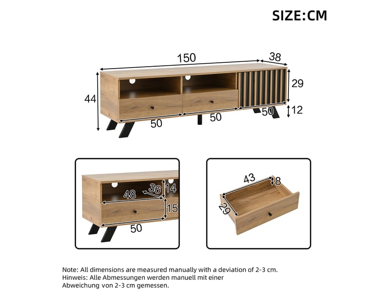 Meuble tv avec 2 tiroirs, 1 placard et 2 niches semi-ouvertes pour salon, bois naturel et noir, 150 × 38 × 44 cm - Conforama E
