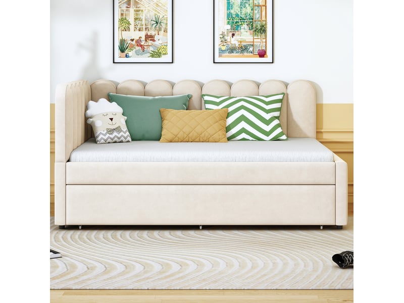 Lit rembourré tcqpz 140 x 200 cm l forme avec lit gigogne beige en velours  - Conforama D