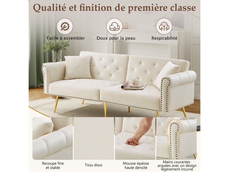  Canapé convertible 2 places velours beige pieds métal doré  - Conforama C