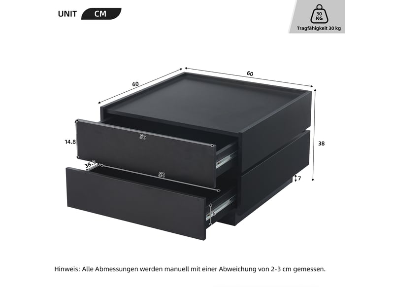  Table basse pivotante à 360 degrés avec 2 tiroirs et rebords hauts pour salon, en aggloméré noir, 60 × 60 × 38 cm  - Conforama E