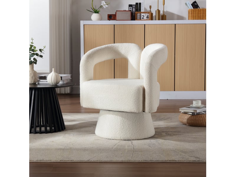  Fauteuil pivotant à 360 degrés avec accoudoirs arrondis et assise rembourrée en bouclette beige  - Conforama C