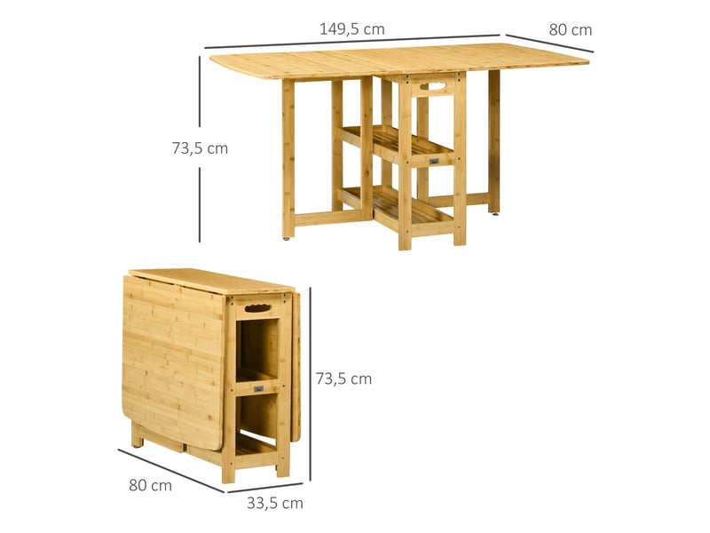  Table extensible avec plateaux rabattables et 2 étagères ouvertes, en bambou, naturel, pour cuisine et salle à manger  - Conforama E