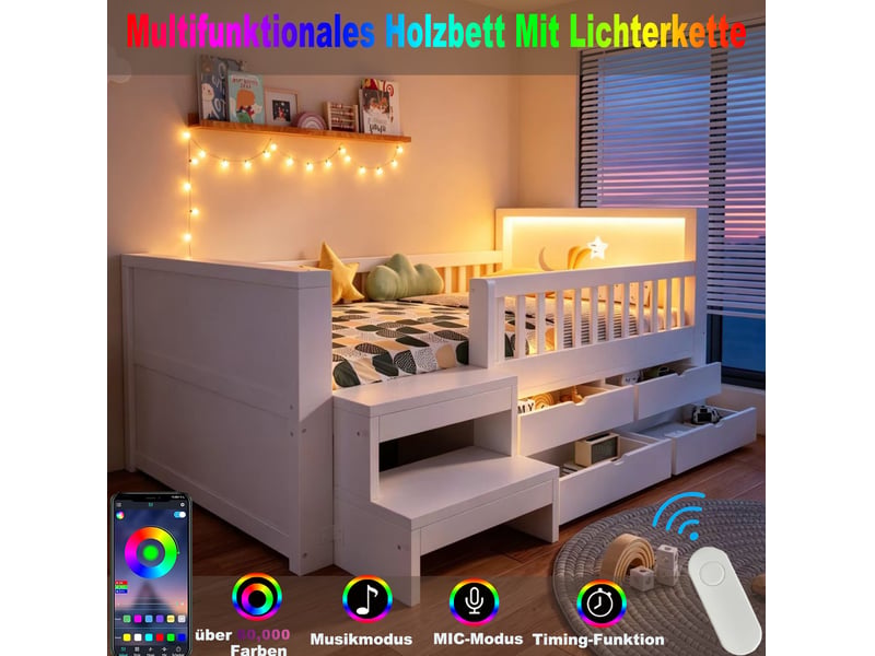 Lit enfant 90x200 cm blanc avec led, 4 tiroirs, barrières de sécurité et marches, idéal pour chambre enfant, sans matelas - Conforama D