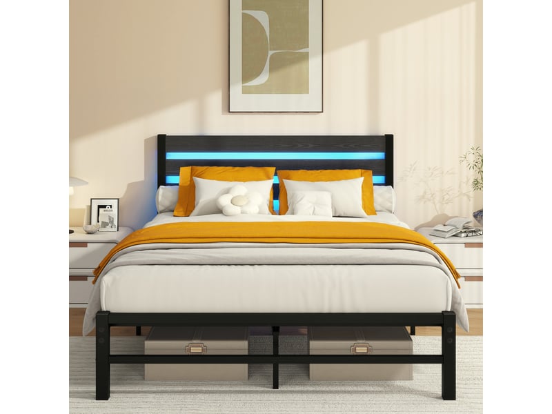  Lit double 140x200 cm, cadre de lit, led, port usb, tête de lit avec rangement, bois et métal noir  - Conforama A