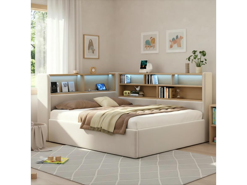  Lit banquette avec coffre 140x190 cm, rangement hydraulique, led, usb et usb-c, tête de lit avec étagères, sommier à lattes, velours, beige  - Conforama B