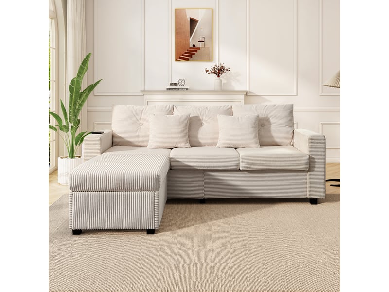  Canapé d'angle 3 places velours côtelé beige avec ottoman amovible surdimensionné et led  - Conforama W