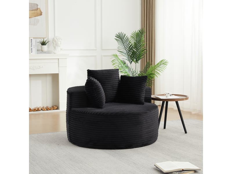  Fauteuil lounge rond 110 cm en velours côtelé, 1 place, assise mousse et ressorts, 3 coussins, noir, design moderne  - Conforama D
