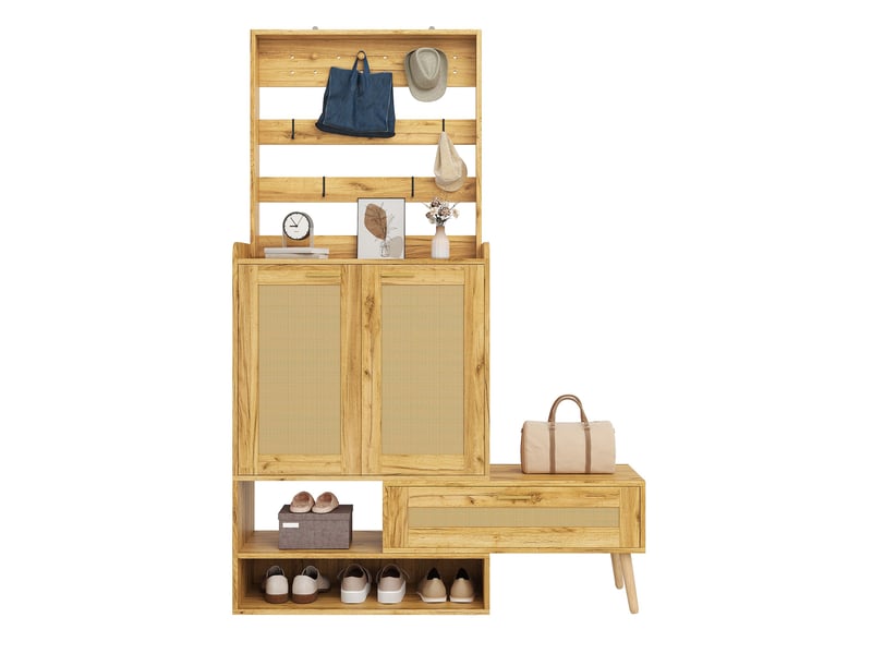  Meuble à chaussures avec banc 123,5x35x180 cm, patères, 2 portes tressées, étagères, banc pivotant, pour entrée et couloir - naturel  - Conforama A