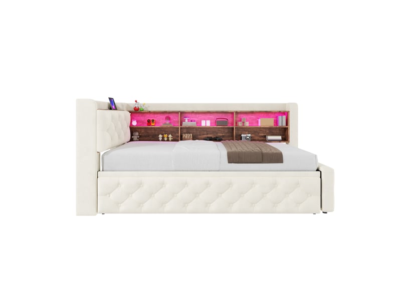  Lit banquette gigogne 90x190 cm en velours beige avec rangement, led, usb et type-c  - Conforama A