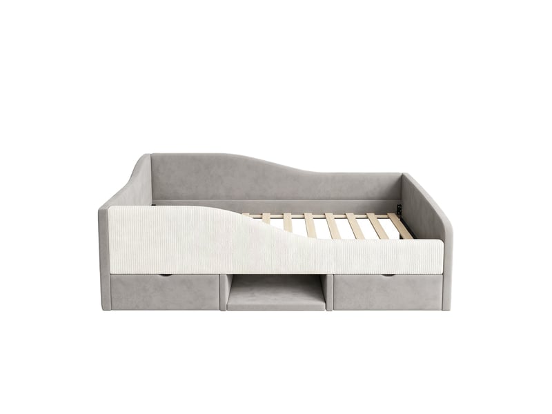  Lit enfant multifonctionnel 90x190 cm - lit simple avec rangement, 2 tiroirs et barrières de sécurité - velours gris  - Conforama D