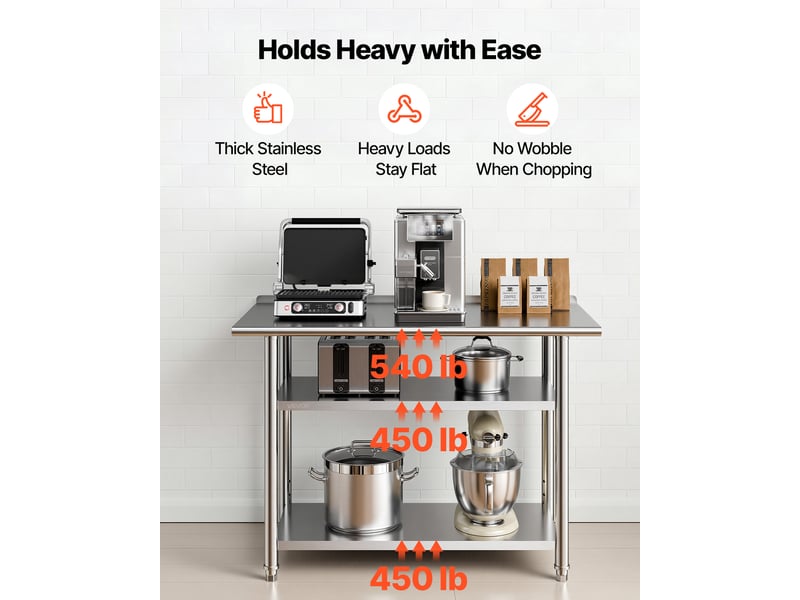  Vevor table de travail cuisine professionnelle, table centrale inox 121,9x61x86,4 cm, pour preparation chr cafe hotel restaurant, poste de travail en acier inoxydable avec 2 etageres et dosseret  - Conforama D