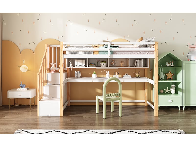  Lit mezzanine,90x200 cm,avec bureau,échelle rangement,bois massif,blanc et chêne  - Conforama B
