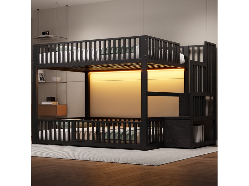  Lit superposé bas 140x200 cm noir, avec escalier de rangement, led, garde-corps, structure métal, sommier inclus, sans matelas  - Conforama B